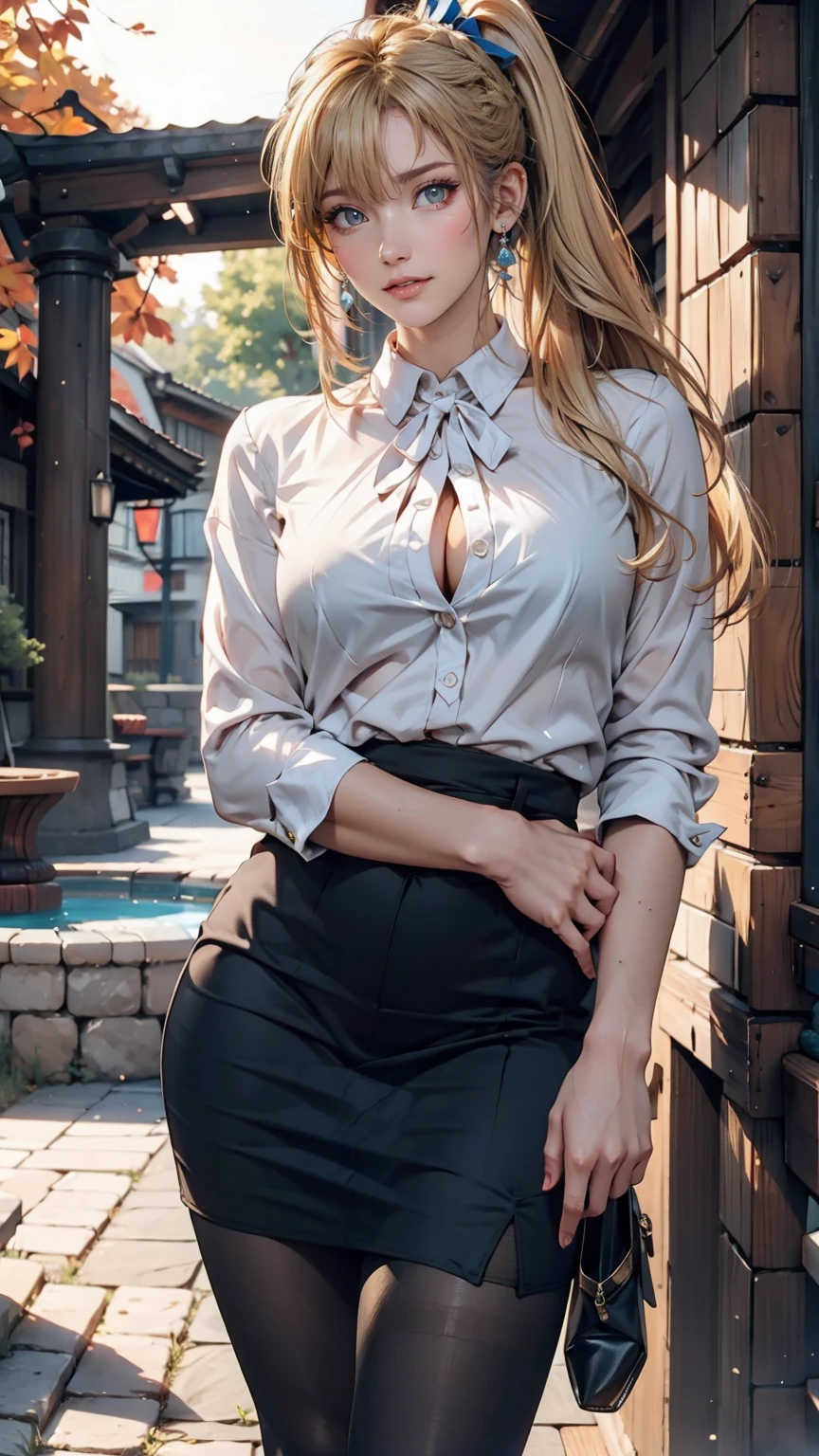 1 Girl, (alone:1.3), ditch, hot spring, Outdoor, Suit jacket, Hug your feet, of course(Blue Archive), Medium chest, Blonde, Braid, Folded ponytail, Hair Ribbon, Sexy proportions、Sexy、erotic、adult、Thin limbs、Tight body、Sheer blouse、Pencil Skirt、Black pantyhose、Stiletto heels