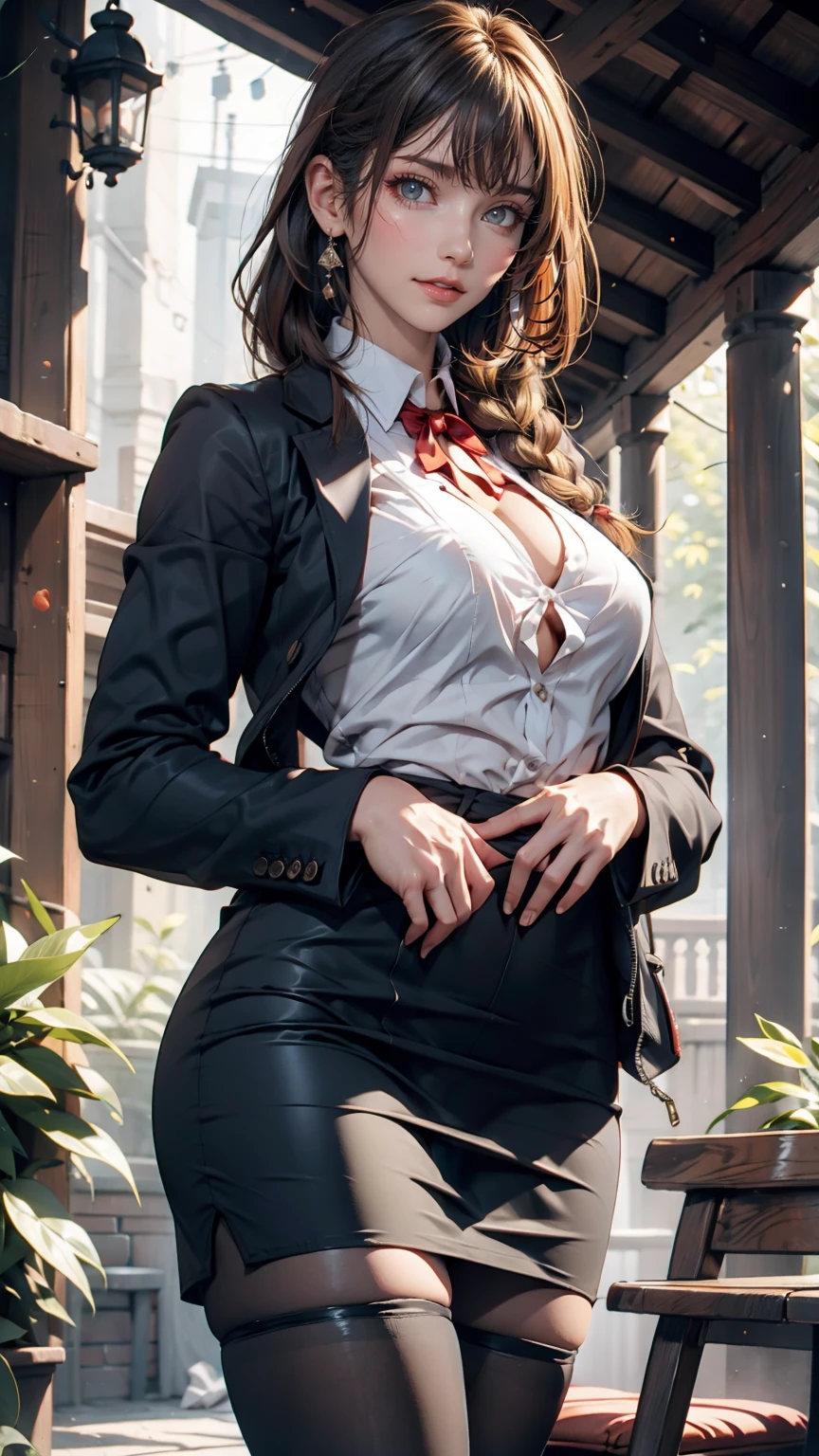 1 Girl, (alone:1.3), ditch, hot spring, Outdoor, Suit jacket, Hug your feet, of course(Blue Archive), Medium chest, Blonde, Braid, Folded ponytail, Hair Ribbon, Sexy proportions、Sexy、erotic、adult、Thin limbs、Tight body、Sheer blouse、Pencil Skirt、Black pantyhose、Stiletto heels