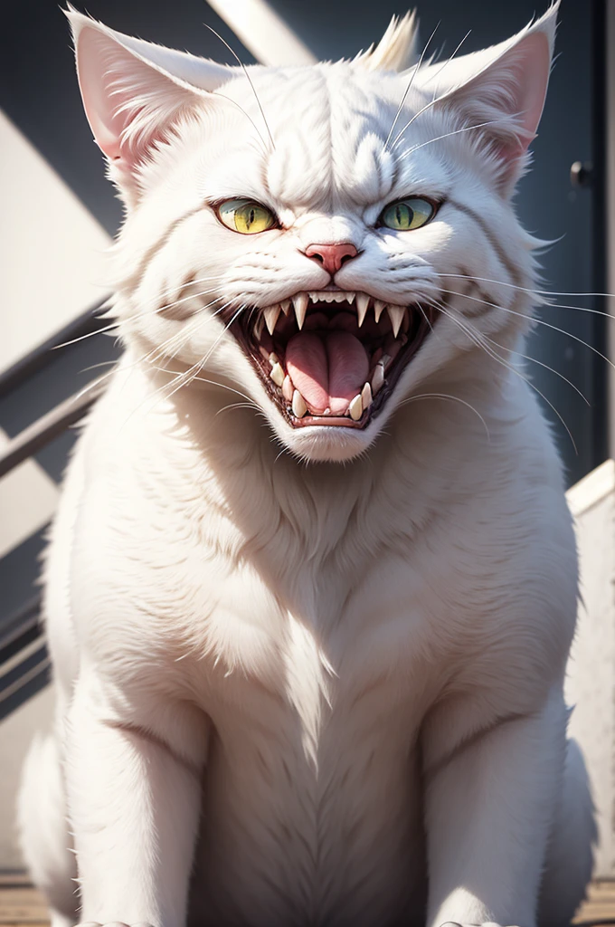 White angry cat with sharp teeth animal