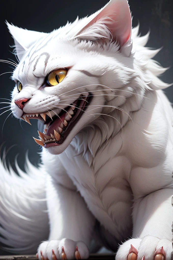 White angry cat with sharp teeth animal