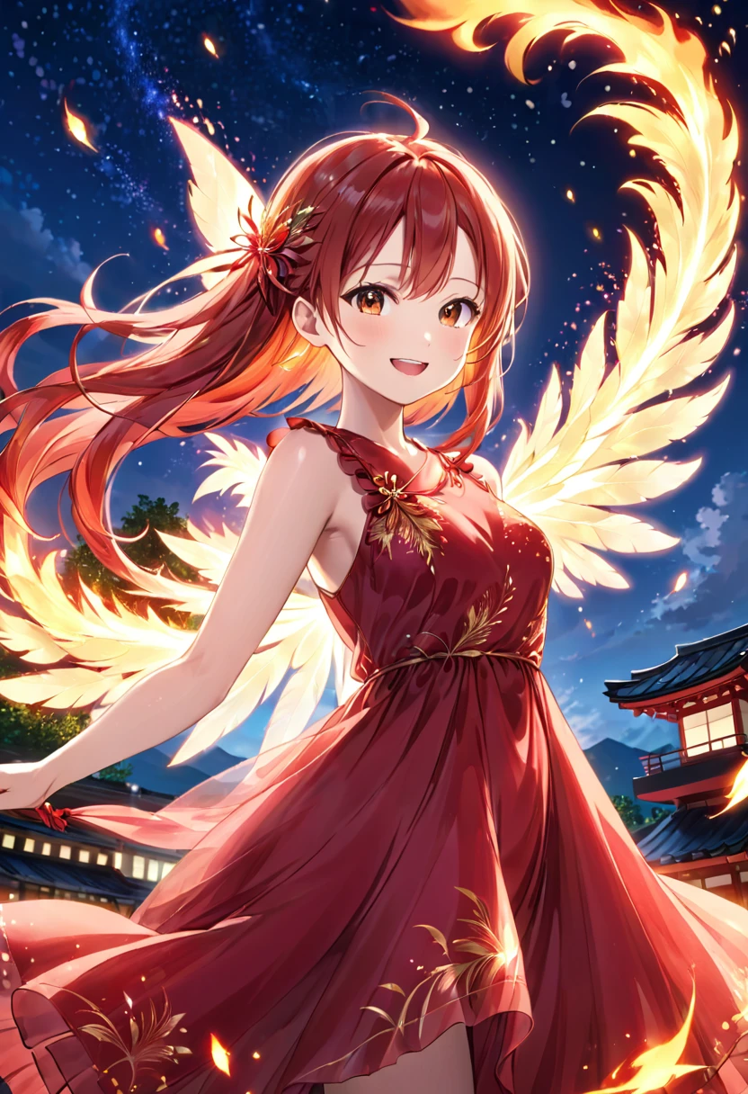 Fire fairy girl、Feathers of Fire、A red dress with a burning hem、Transparencyのある赤色の髪、Transparency、smug face、tooth、Particles that glow throughout、Night sky in the background、Japan anime style、Highest quality、masterpiece、8k