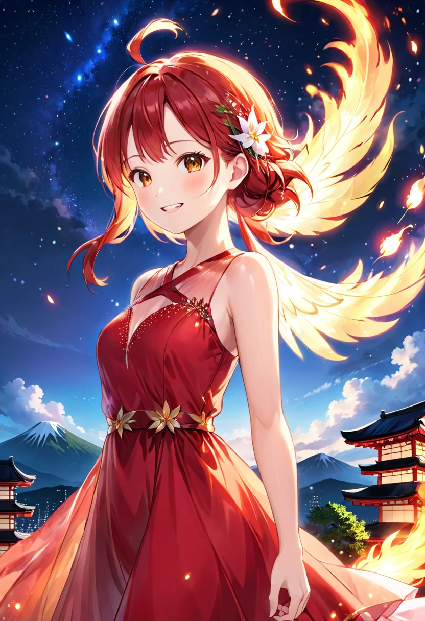 Fire fairy girl、Feathers of Fire、A red dress with a burning hem、Transparencyのある赤色の髪、Transparency、smug face、tooth、Particles that glow throughout、Night sky in the background、Japan anime style、Highest quality、masterpiece、8k