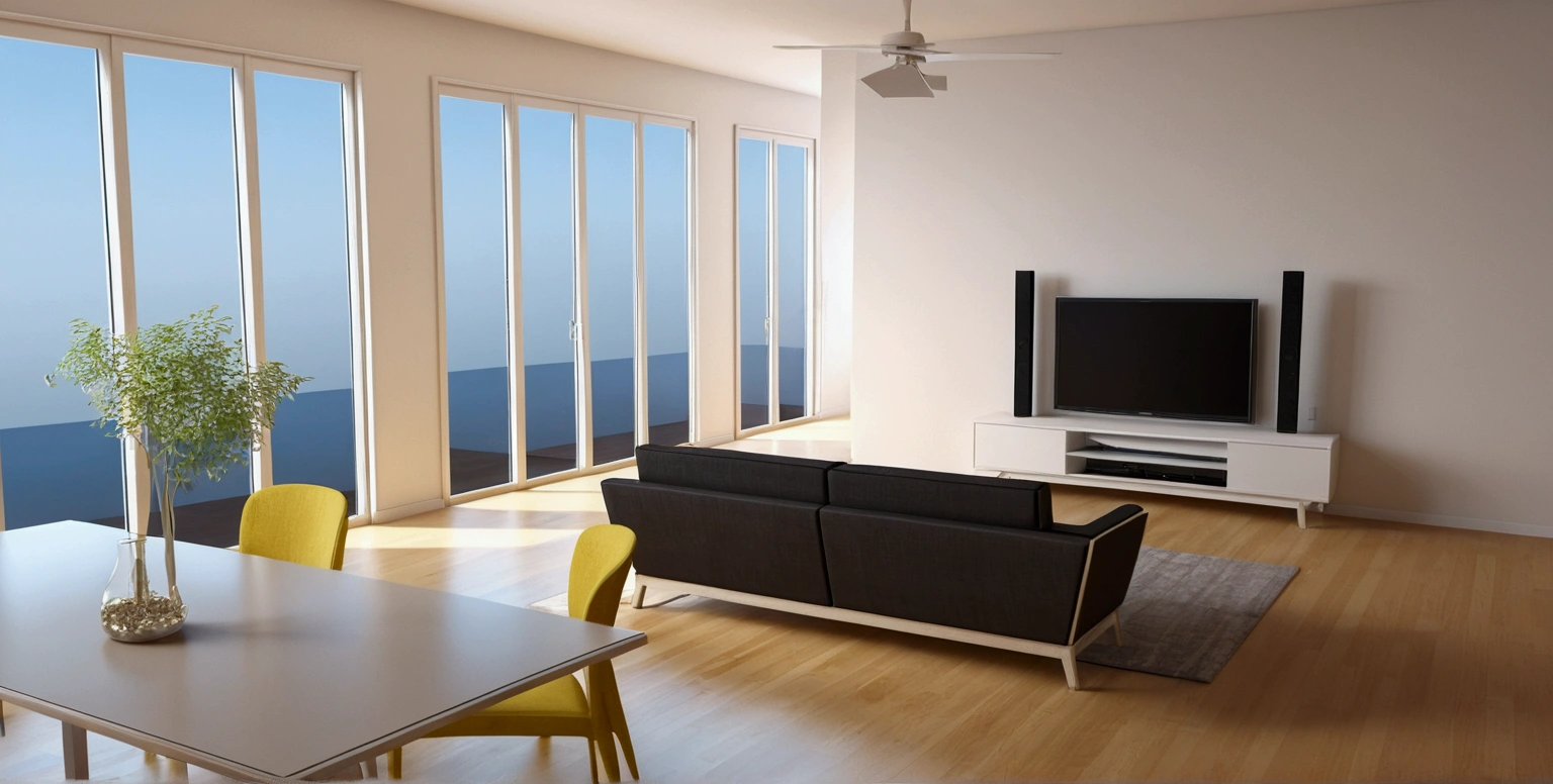 a rendering of a living room with a couch, table, and television, interior living room, 2 d render, 3d rendering, 3 d rendering, furniture concept photo!!, detailed rendering, with 3d render, with 3 d render, 3 - d render, 3 d render, 3d render, apartment design, comprehensive 2 d render, 3 d rendering!