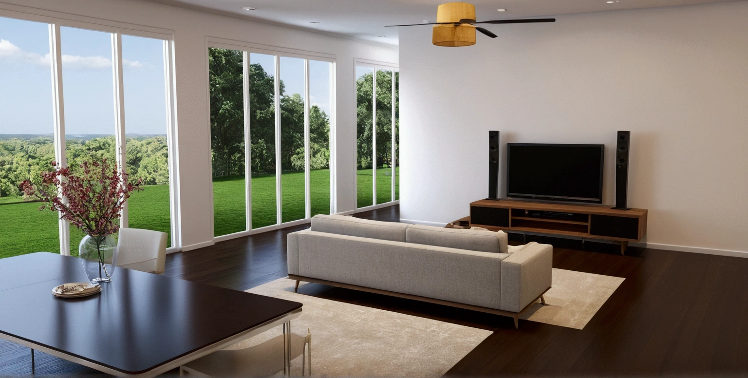 a rendering of a living room with a couch, table, and television, interior living room, 2 d render, 3d rendering, 3 d rendering, furniture concept photo!!, detailed rendering, with 3d render, with 3 d render, 3 - d render, 3 d render, 3d render, apartment design, comprehensive 2 d render, 3 d rendering!