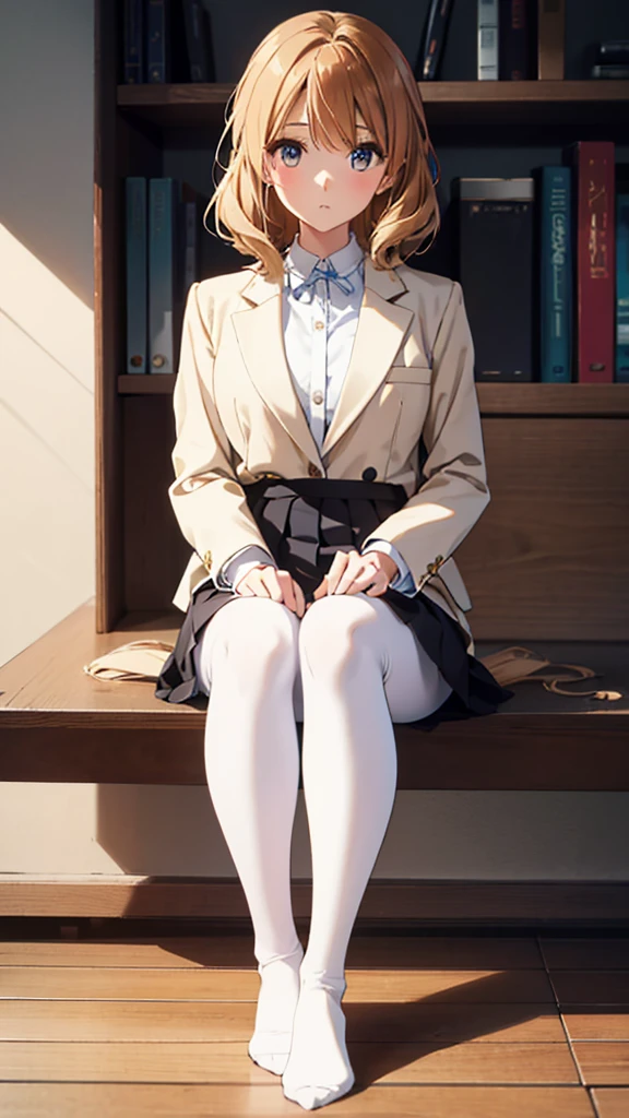 Top quality, masterpiece, High resolution, (Head to toe full body), front, frontやや下からの構図, Symmetric, Tall 18 year old girl, alone, (Head to toe), (Small breasts), bangs, (black tights), (Black Pantyhose), (Sit with your legs apart), (Crouching pose), (A composition showing white panties), (Her legs were spread、I see your white pants.), (I was made to sit on the floor with my legs spread..), (M-shaped legs), Thin legs, A very beautiful and tall 18 year old girl, (No shoes), blush, Shy big eyes, looking at the camera, Blazer Uniform, Checkered Pleated Skirt