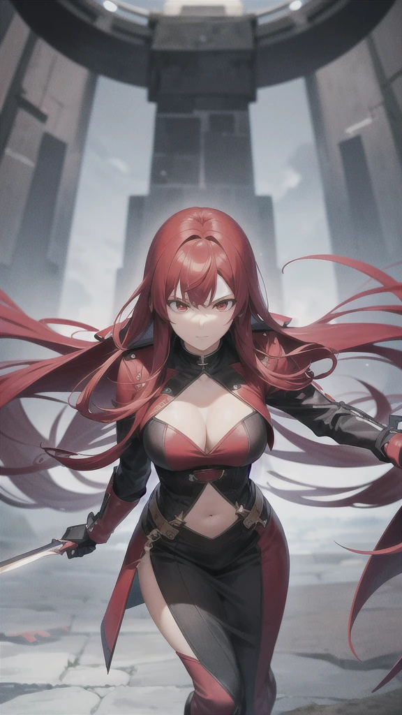 red hair, cool black jacket, white inner dress, deep orange eyes, mature and older look, animemanga girl, detailed key animation art, fully covered, red and black greatsword