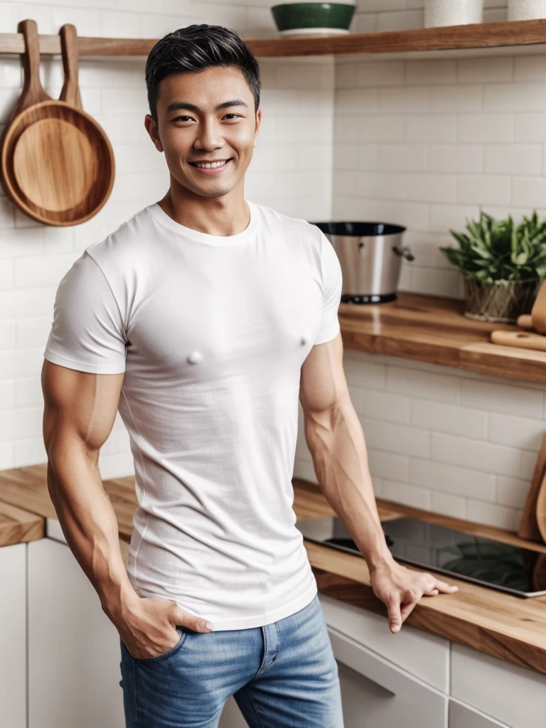 Thai man ,man ,(white t-shirt:1.5) ,Jeans ,He is about 30 years old..，Rough and handsome appearance，large breastsj，Big waistline，buzz cut, angry, sullen, best quality, Masterpiece，（Have muscles：4.5），(best quality,high resolution,Masterpiece:1.2),The eyes are natural and delicate..,1 person,alone,gay asian,muscle,Long legs,brave,short hair details,conjunctivitis ,strong,brown eyes, (standing in the kitchen:1.5)，in the market，sitting on the table ,smile
