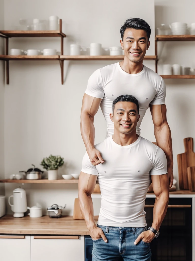 Thai man ,man ,(white t-shirt:1.5) ,Jeans ,He is about 30 years old..,Rough and handsome appearance,large breastsj,Big waistline,buzz cut, angry, sullen, best quality, Masterpiece,(Have muscles:4.5),(best quality,high resolution,Masterpiece:1.2),The eyes are natural and delicate..,1 person,alone,gay asian,muscle,Long legs,brave,short hair details,conjunctivitis ,strong,brown eyes, (standing in the kitchen:1.5),in the market,sitting on the table ,smile