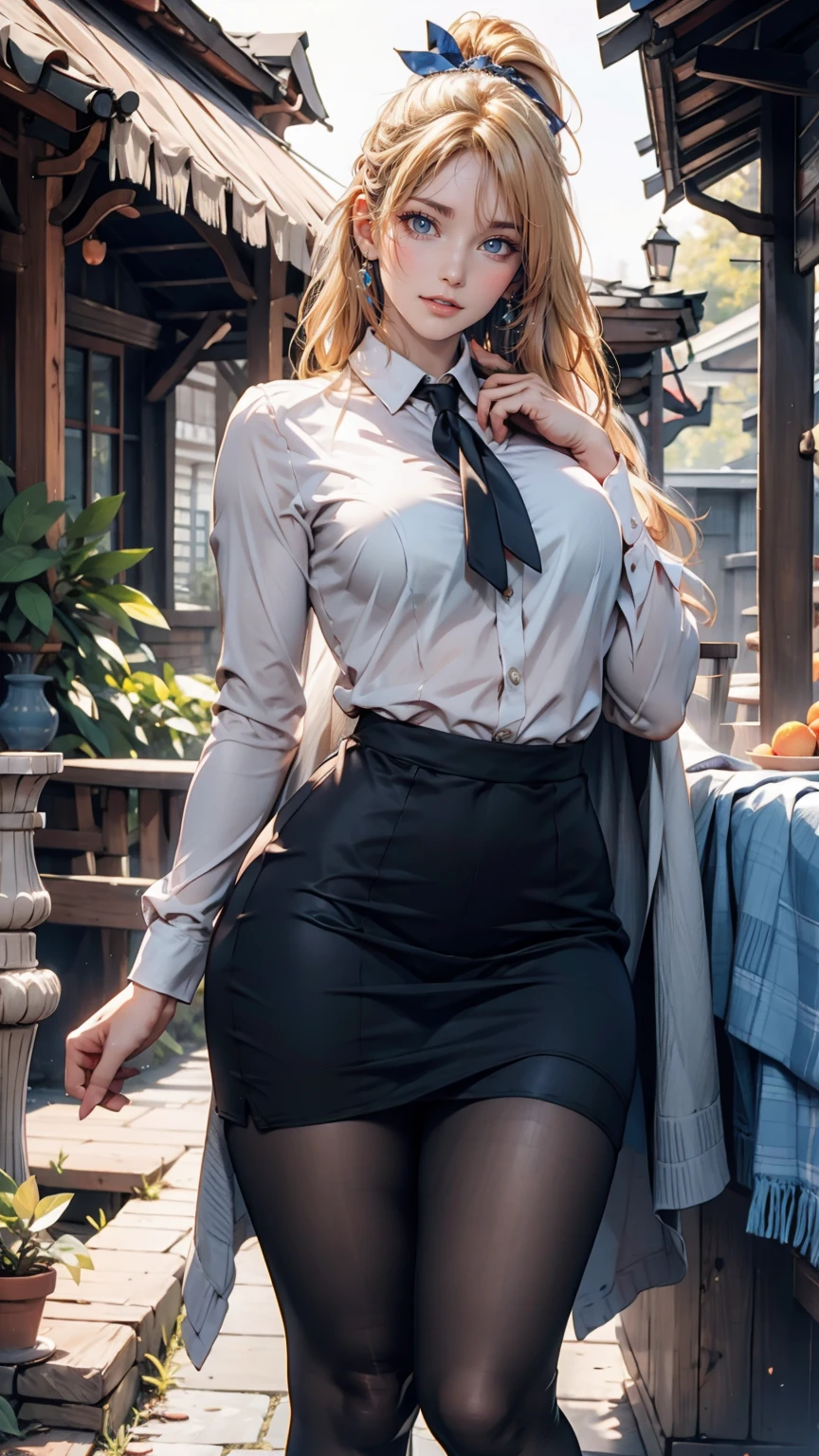 1 Girl, (alone:1.3), ditch, hot spring, Outdoor, Suit jacket, Hug your feet, of course(Blue Archive), Medium chest, Blonde, Braid, Folded ponytail, Hair Ribbon, Sexy proportions、Sexy、erotic、adult、Thin limbs、Tight body、Sheer blouse、Pencil Skirt、Black pantyhose、Stiletto heels