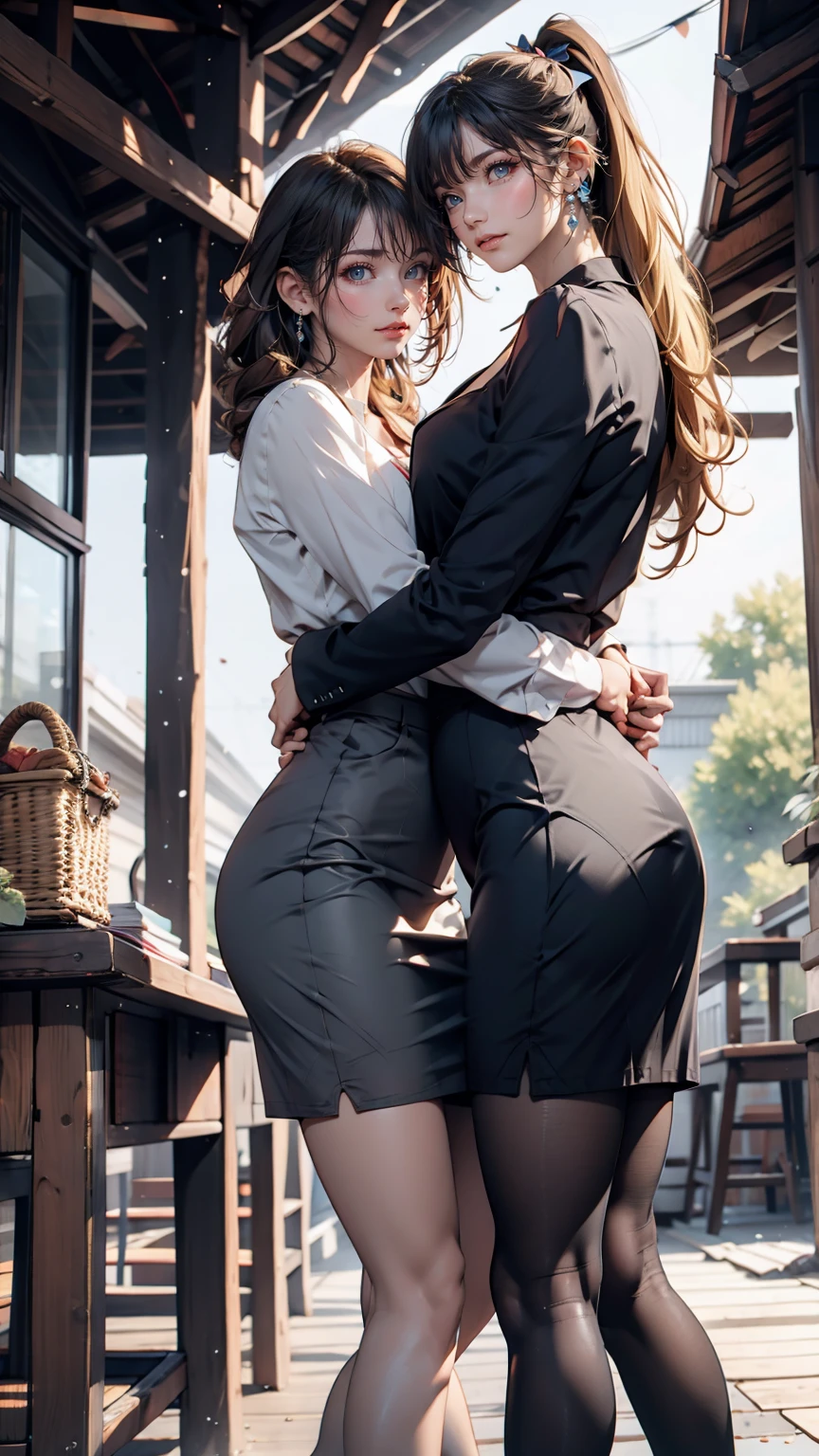 1 Girl, (alone:1.3), ditch, hot spring, Outdoor, Suit jacket, Hug your feet, of course(Blue Archive), Medium chest,  Blonde, Braid, Folded ponytail, Hair Ribbon, Sexy proportions、Sexy、erotic、adult、Thin limbs、Tight body、Sheer blouse、Pencil Skirt、Black pantyhose、Stiletto heels