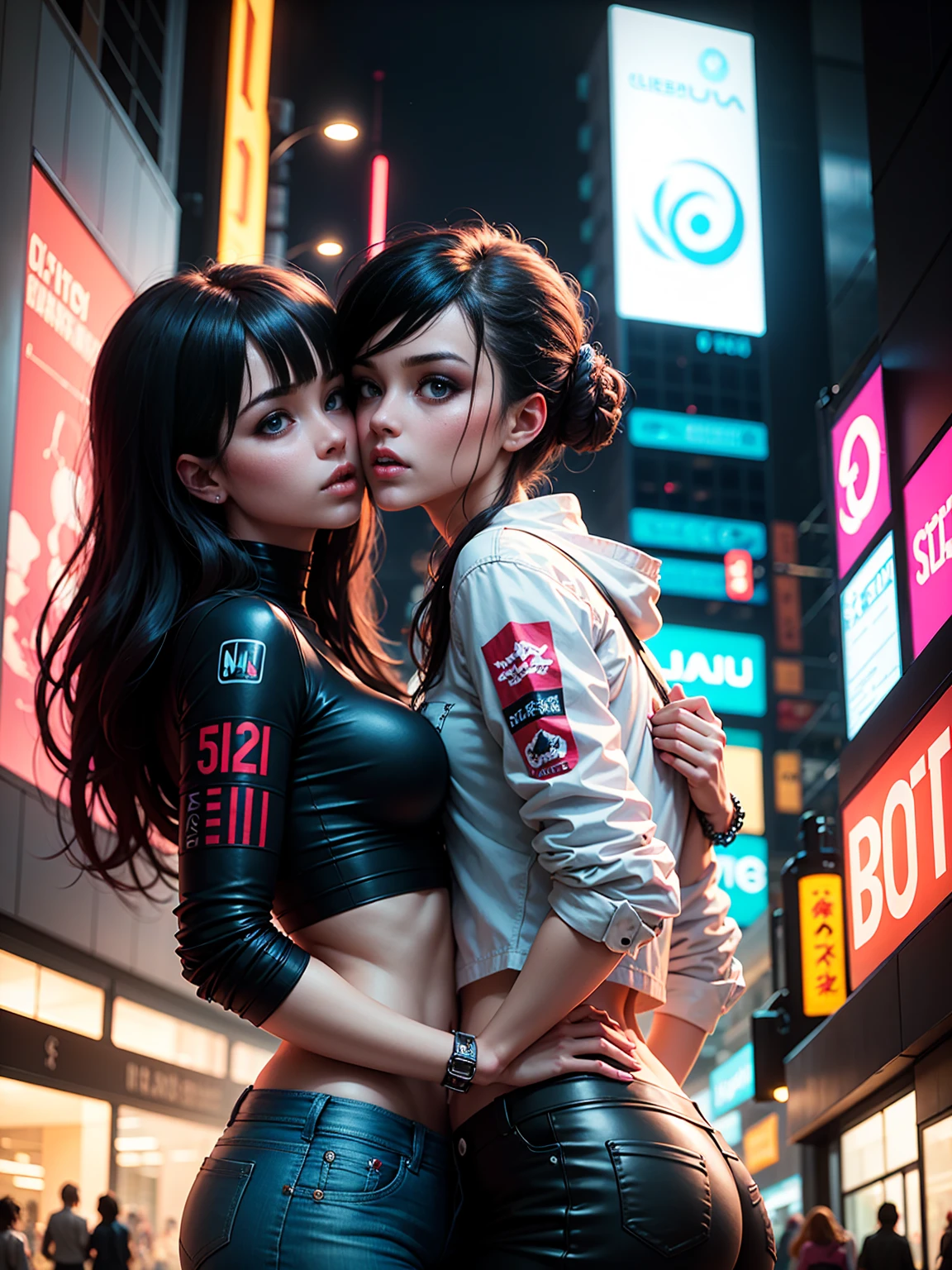 masterpiece, best quality, 2 ((kissing)) cyberpunk girls standing together taking selfie portrait, Harajuku-inspired cyberpunk clothing, bold colors and patterns, eye-catching accessories, trendy and innovative hairstyle, dazzling Cyberpunk cityscape, skyscrapers, glowing neon signs, LED lights, anime illustration, detailed skin texture, detailed cloth texture, beautiful detailed face, intricate details, ultra detailed, cinematic lighting, strong contrast.