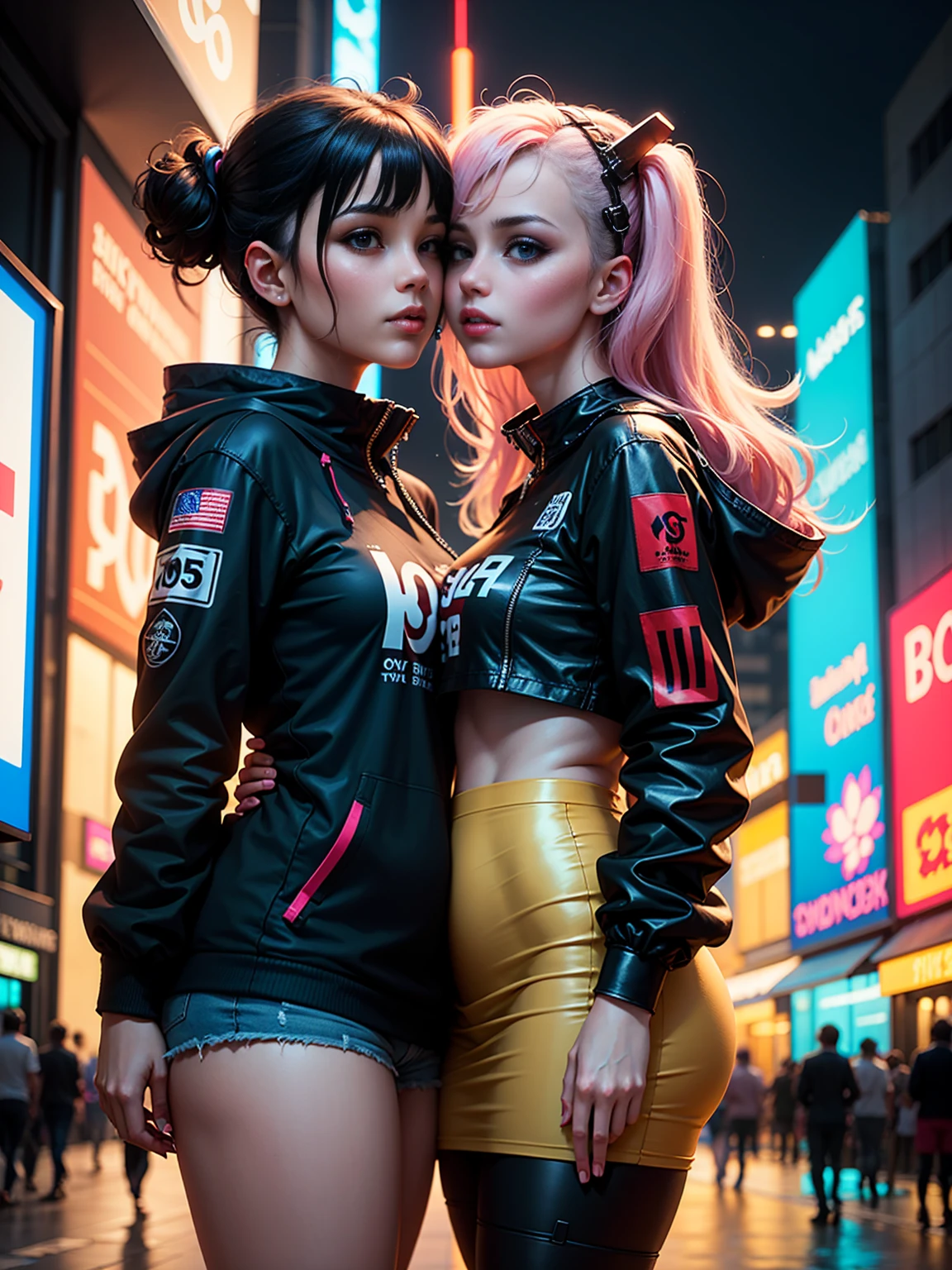 masterpiece, best quality, 2 ((kissing)) cyberpunk girls standing together taking selfie portrait, Harajuku-inspired cyberpunk clothing, bold colors and patterns, eye-catching accessories, trendy and innovative hairstyle, dazzling Cyberpunk cityscape, skyscrapers, glowing neon signs, LED lights, anime illustration, detailed skin texture, detailed cloth texture, beautiful detailed face, intricate details, ultra detailed, cinematic lighting, strong contrast.