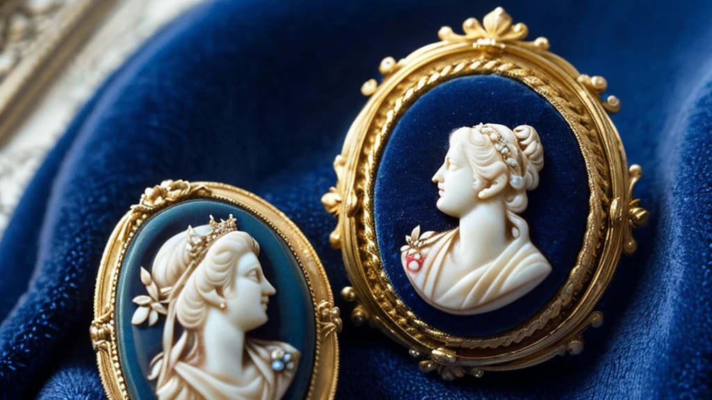 A hyperdetailed photorealistic macro image of an 18th century cameo brooch lying on a wrinkled piece of deep blue velvet. The image on the cameo is a beautiful woman making a rude gesture.