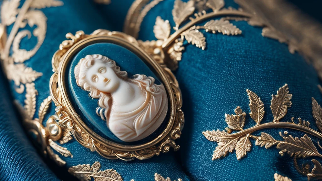 A hyperdetailed photorealistic macro image of an 18th century cameo brooch lying on a wrinkled piece of deep blue velvet. The image on the cameo is a beautiful woman making a rude gesture.