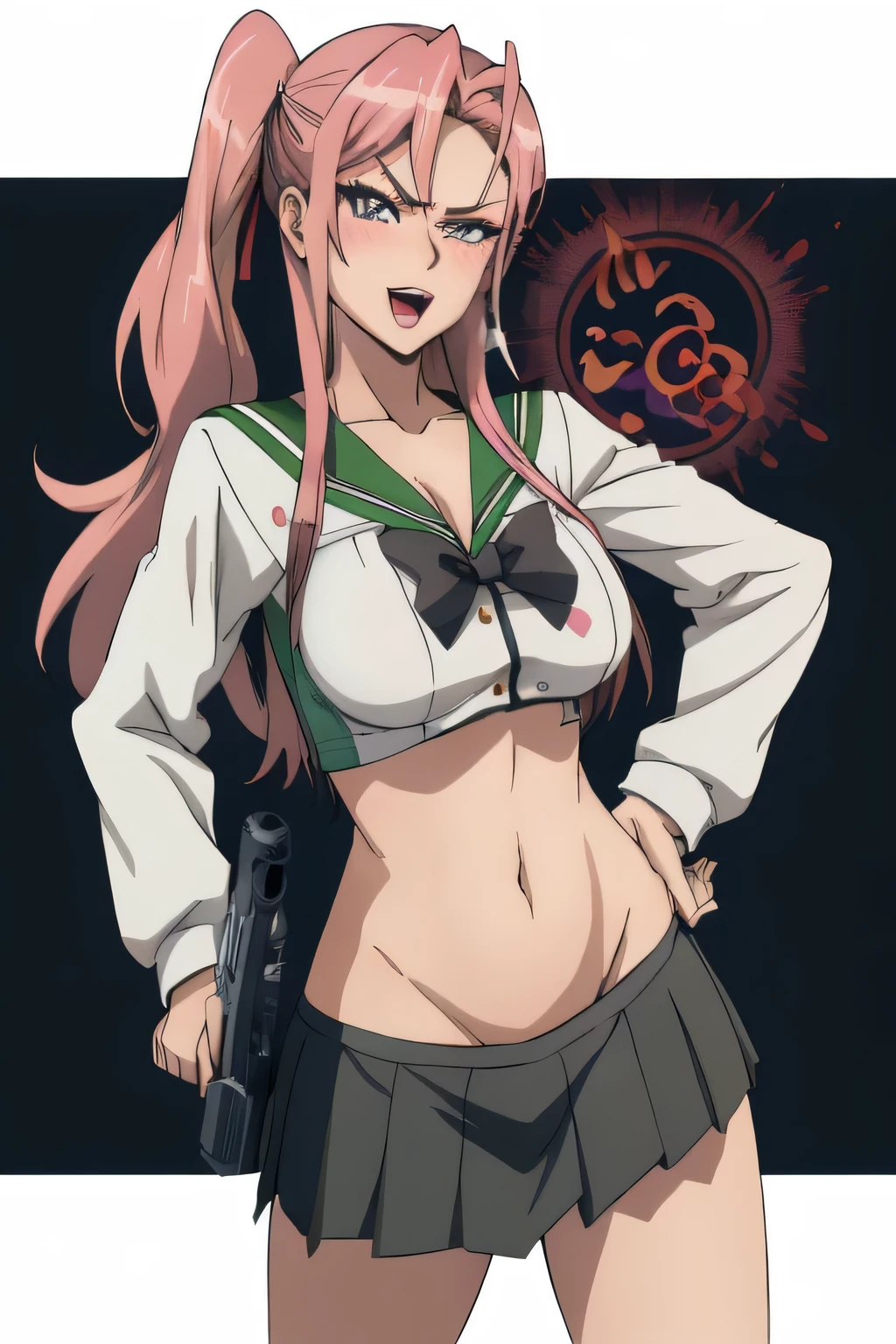 kokoro, 1girl, long hair, mature female, makeup, eyelashes, blush, lipstick, Hot girl, baddie, staring, glaring, bad attitude, mean girl, dare, angry, hate, crazy, smoking, sensual, attractive, masterpiece, best quality, highly detailed, a anime girls in sailor uniforms with a gun posing for a picture,
evil smile, smile, open mouth,black_serafuku, ecchi anime style, anime girls , (nsfw) not safe for work,
ecchi style, ecchi, shipgirls, digital anime art!!, high school girls, holding a gun, hold a gun, anime style 4
k, micro skirt, exposed belly, exposed navel, exposed midriff,
exposed lower belly,school, classroom,