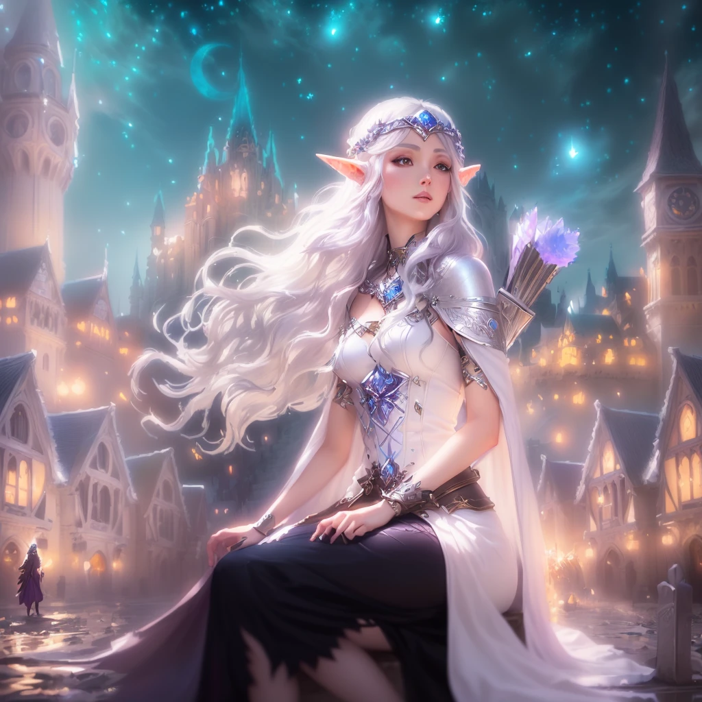 Image of an elven woman sitting on a stone floor in front of a castle,Silver Hair、Longhairer、 Fantasy anime style, Fantasy-style anime, detailed Digital 2D Fantasy Anime, Digital 2D Fantasy Anime, epic Fantasy anime style, epic Fantasy anime style hd, Detailed fantasy digital animation, Detailed fantasy anime, Beautiful fantasy anime, epic Fantasy-style anime, Stylized urban fantasy art
