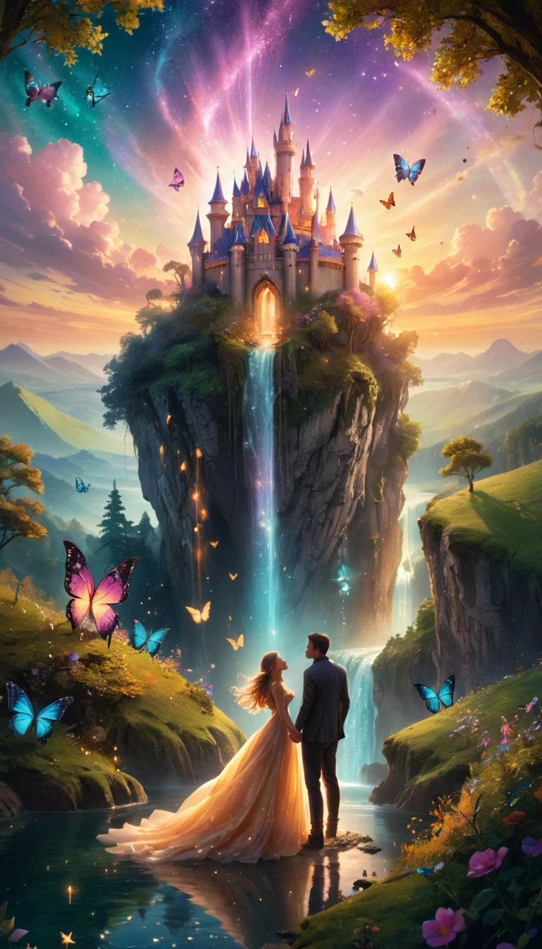 (best quality,8K,high resolution,masterpiece:1.2),Extremely detailed,(Practical,photoPractical,photo-Practical:1.37),fantasy,couple,Man and woman,Traveler,Standing together on the edge of the world,beautiful fantasy landscape in front of them,number,Great chemistry and eye contact,Dreamy atmosphere,Lush green hills,Mysterious Creatures,Stunning waterfalls,Shiny flowers floating in the air,Enchanted Forest,Magical floating island,Colorful butterflies flying,Sparkling stars in the sky,Majestic castle in the distance,The golden sunset emits warm light,Soft sunlight shines through the leaves,mystical aura surrounding the couple,Magic Items,Prominent clouds form majestic shapes,Breeze in the wind,With their hopes and dreams, Ethereal,otherworldly lighting,powerful light shining from the couple's hands,Glitter powder creates a magical feel,A fusion of warm and cool tones,Subtle gradients create depth and dimension,Rich and vibrant hues create a charming feel,Impressive attention to detail,Detailed brushstrokes capture their emotions and expressions,Imagination becomes reality,an escape into a mesmerizing fantasy world.