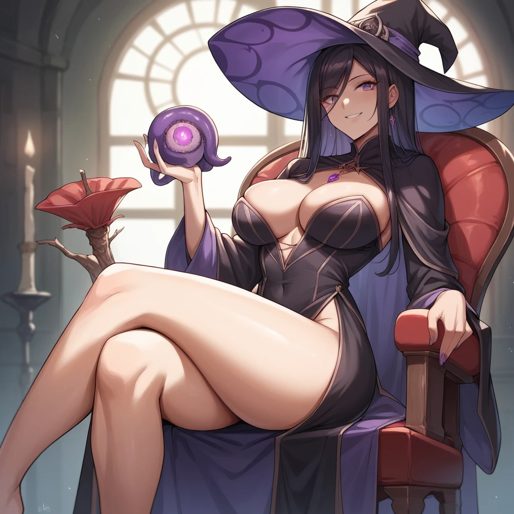 long black hair, straight hair, purple eyes, witch hat, perfect body, sexy, rpg witch, fantasy witch, wizar robe, 25 years old, black clothes, black and purple palette, adult woman, round breasts, sorceress attire, smiling, seductive, bangs, tentacle on chair, crossed legs, thick aflesh color tentaacles, red cushion chair