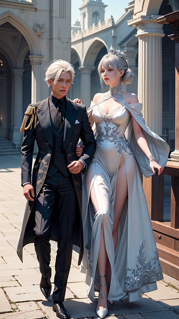 (nsfw), Two mature individuals in formal attire engaging in an intimate moment, WLOP and Sakimi-chan, Gweiz-style artwork, with a subtle nod to WLOP and Ross Tran's style, Vrop and Andrey Ryabovitchev's nuanced shadows, Neo-artcore and Charlie Bowter's sensual lighting, Reusch and Urop's attention to detail, a Knight and Princess in a gray-haired moment of passion, exuding an air of elegance and maturity, with Reusch and Ross Tran's distinctive brushstrokes, meticulously crafted to perfection.