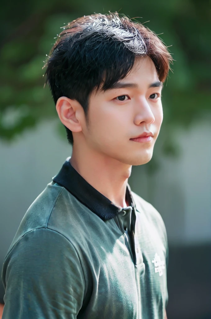((Highest quality, 8k, Masterpiece: 1.3))、Thailand Laos Burma Asia, Thai man, A handsome Asian rugby player with short hair, a muscular beard, and big muscles., １A man who has、20 yo、Good appearance、Beautiful nose、smile、 Detailed eyes and face、beautiful light、(studio)、high resolution、（Look at the viewer.）、Fine mouth、smile、whole body: 1.5, perfect shape: 1.3, looking at camera ,black polo shirt, ((field)), sunlight looking at the field