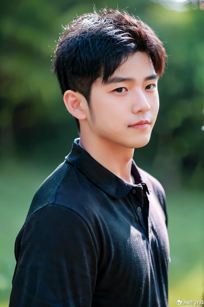 ((Highest quality, 8k, Masterpiece: 1.3))、Thailand Laos Burma Asia, Thai man, A handsome Asian rugby player with short hair, a muscular beard, and big muscles., 1A man who has、20 yo、Good appearance、Beautiful nose、smile、 Detailed eyes and face、beautiful light、(studio)、high resolution、(Look at the viewer.)、Fine mouth、smile、whole body: 1.5, perfect shape: 1.3, looking at camera ,black polo shirt, ((field)), sunlight looking at the field