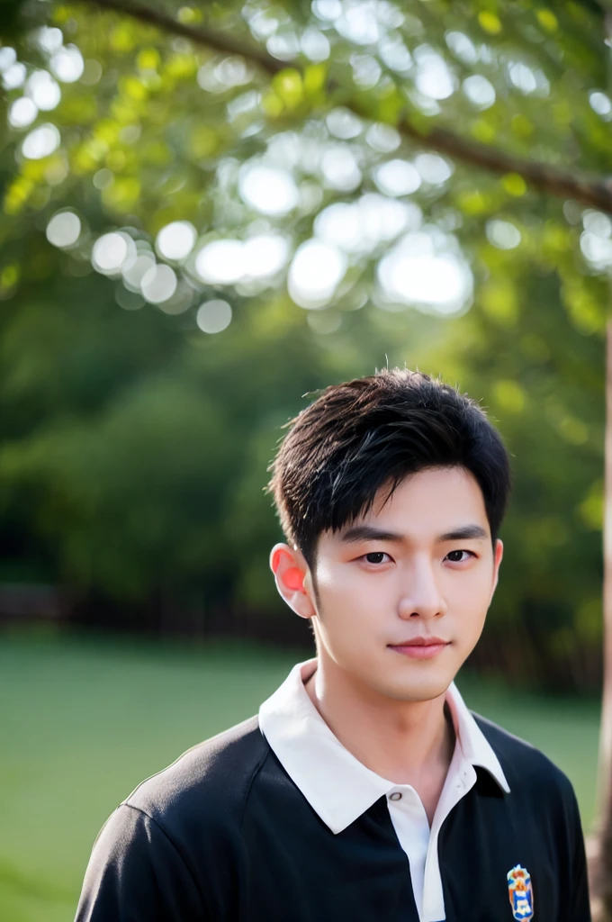 ((Highest quality, 8k, Masterpiece: 1.3))、Thailand Laos Burma Asia, Thai man, A handsome Asian rugby player with short hair, a muscular beard, and big muscles., 1A man who has、20 yo、Good appearance、Beautiful nose、smile、 Detailed eyes and face、beautiful light、(studio)、high resolution、(Look at the viewer.)、Fine mouth、smile、whole body: 1.5, perfect shape: 1.3, looking at camera ,black polo shirt, ((field)), sunlight looking at the field