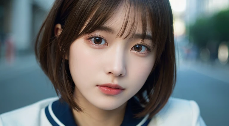 (Bob Cut Hair:1.2),(Wearing school uniform:1.2),1 girl,Japanese,21 years old,(Small breasts:1.3),(Highest quality,masterpiece:1.3,超A high resolution,),(Ultra-detailed,Caustics),(Photorealistic:1.4,RAW shooting,)Ultra-Realistic Capture,Very detailed,High resolution 16K human skin close-up。 Natural skin texture、,Pores、、It needs to be detailed enough to be easily identifiable。 Skin should be even-toned and healthy looking。 Use natural light and colour, Sad expression, Looking at the camera, Perfect dynamic composition, Outdoor