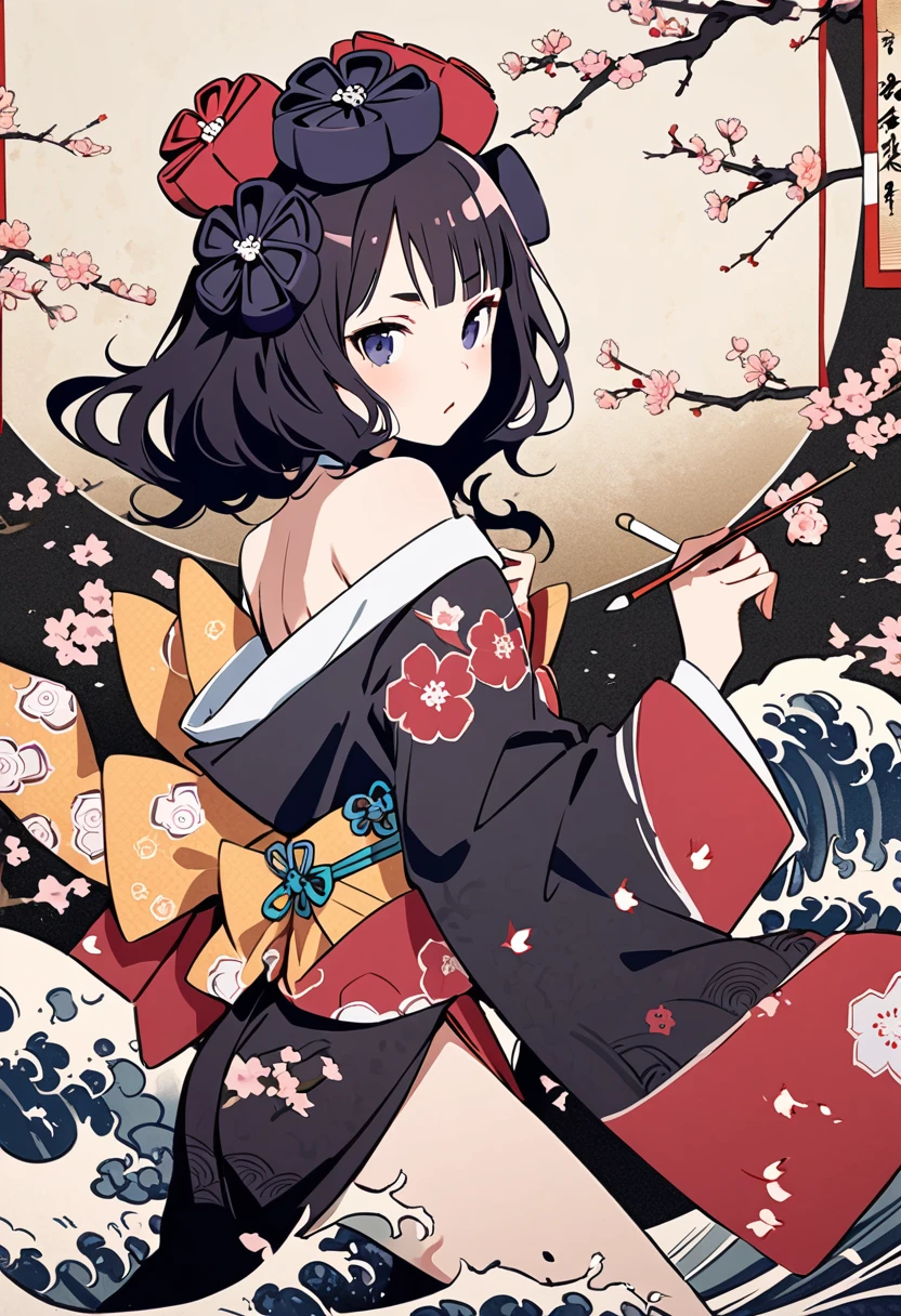(((Highest quality))), (((Katsushika Hokusai))), (((Ink Painting))), ((Long Hair)), ((1 girl)), ((cherry blossoms)), ((beautiful girl)), blush、whole body, Black Hair, Delicate and precise, Modern ukiyo-e style, 