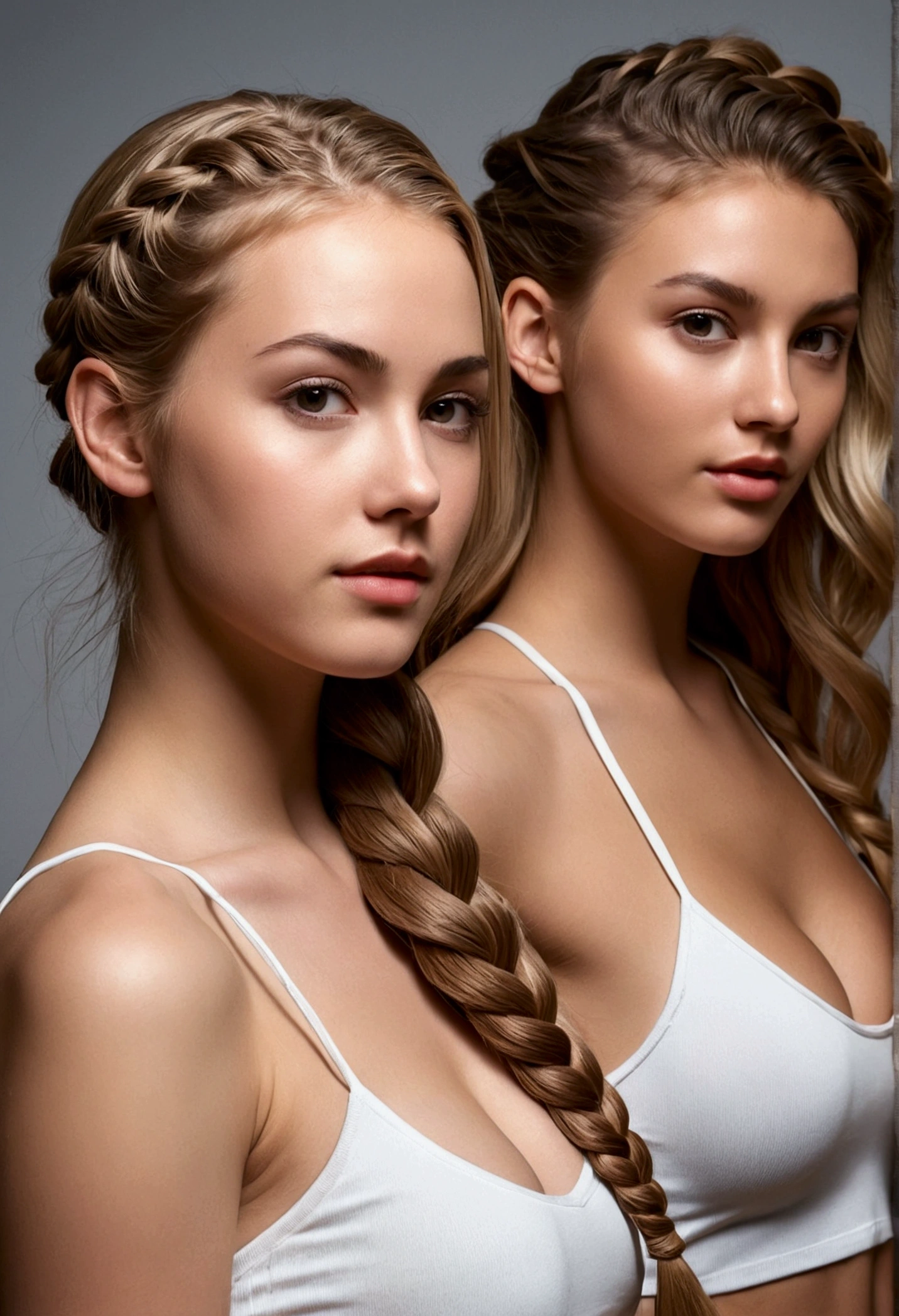 2 Realistic ultra hot sexy girls, 21 years old, full body shot, one model has brown straight hair, the other model has long wavy blonde hair with PULLED-OUT DUTCH BRAID, athletic body, nude, breasts hanging, pussy visible, dynamic angle, sensual look at the camera, standing next to each other, casting shadow style, perfect eyes, long brunette hair, realistic skin texture, flawed skin, shot with Sony Alpha A6500 1.4f, bokeh, highly detailed, masterpiece
