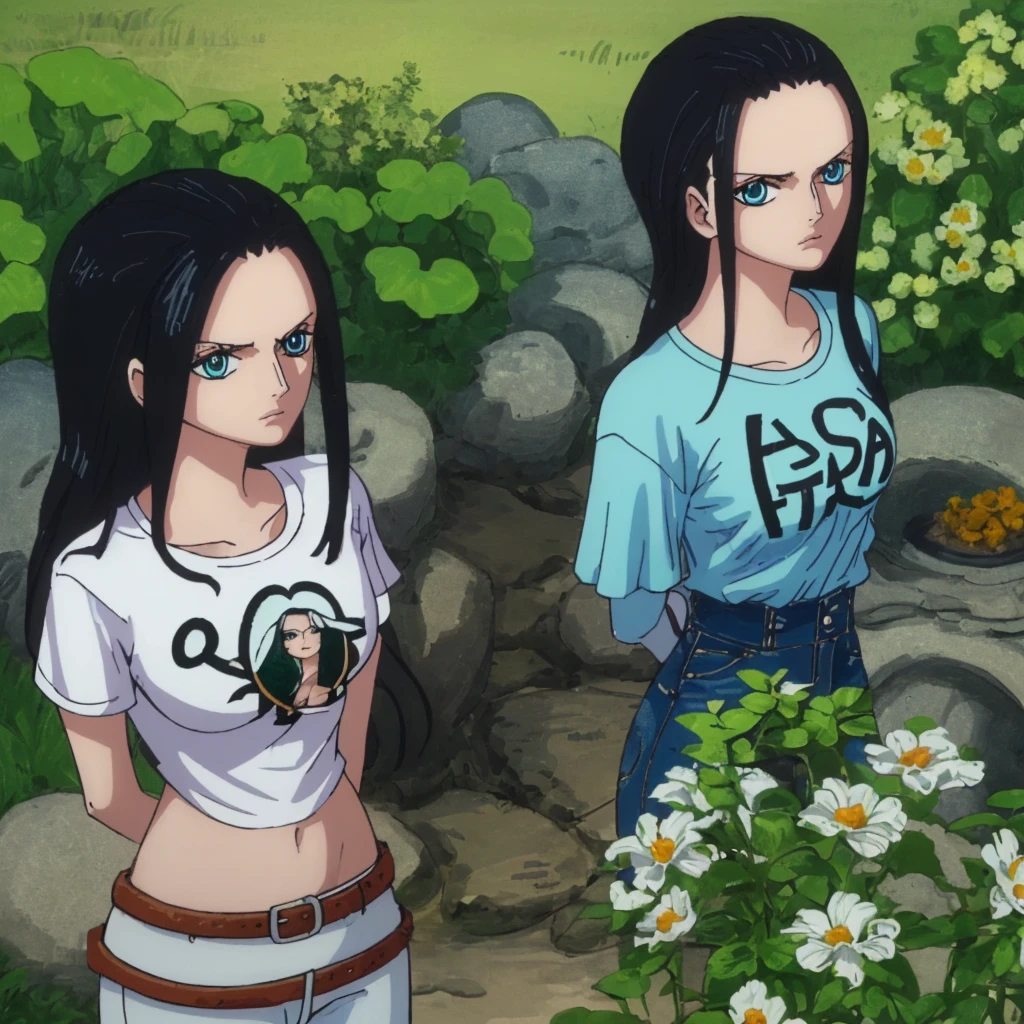 ( masterpiece ) , highly detailed , best quality , perfect face , nico Robin , black hairs , blue eyes , wearing short sleeves white printed t-shirt and blue jeans , in garden , arms bound behind back , looking at camera , standing still 