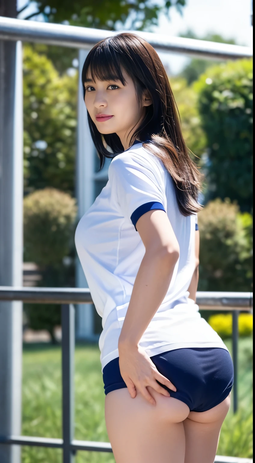 alone、high school girl、White skin、Natural Makeup、Black Hair、bangs、Straight Long Hair、(((White short-sleeved T-shirt on the upper body)))、(((Long white gym clothes)))、(((Very tight bloomerid rise bloomers)))、(((Navy Bloomer)))、(((Tuck the bottom of your gym clothes into your bloomers)))、Big Breasts、((Big Ass))、(((School grounds)))、(((Realistic fingers)))、(((Realistic style)))、((Perfect figure))、(((upright)))、(((Back view)))、(((Looking Ahead)))