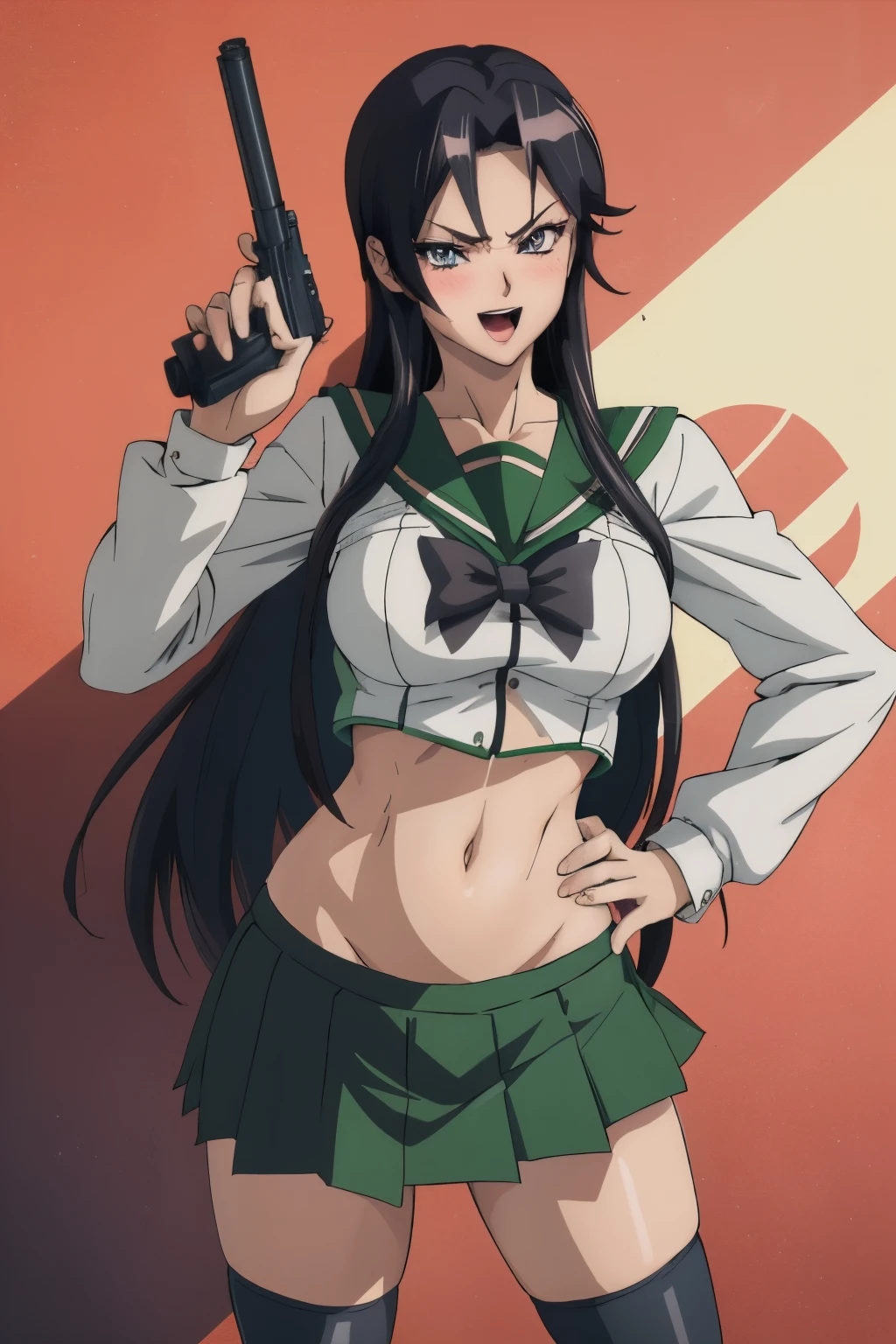 kokoro, 1girl, long hair, mature female, makeup, eyelashes, blush, lipstick, Hot girl, baddie, staring, glaring, bad attitude, mean girl, dare, angry, hate, crazy, smoking, sensual, attractive, masterpiece, best quality, highly detailed, a anime girls in sailor uniforms with a gun posing for a picture,
evil smile, smile, open mouth,black_serafuku, ecchi anime style, anime girls , (nsfw) not safe for work,
ecchi style, ecchi, shipgirls, digital anime art!!, high school girls, holding a gun, hold a gun, anime style 4
k, micro skirt, exposed belly, exposed navel, exposed midriff,
exposed lower belly,school, classroom,