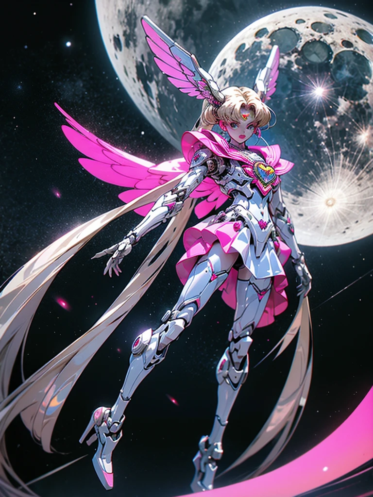 1 mechanical girl: 1.4, Sailor Moon, white mechanical arm, humanoid body, pink sailor suit, good-looking face, sailor Moon, moon hare, rabbit ears, mechanical ears, white blouse, blonde hair, mechanical arm, pink skirt, side, heart-shaped robot in the background, sci-fi background, complex background, hair glowing hair, forehead hair light, moon, panorama, mechanical wings, large wings in the background