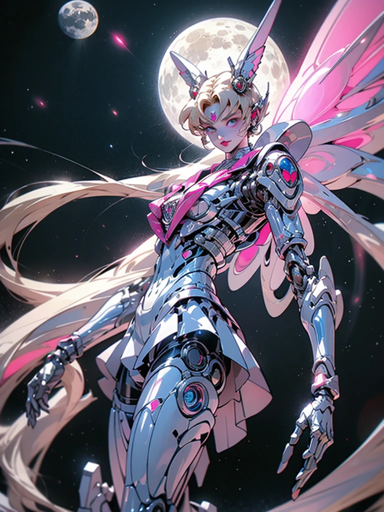 1 mechanical girl: 1.4, Sailor Moon, white mechanical arm, humanoid body, pink sailor suit, good-looking face, sailor Moon, moon hare, rabbit ears, mechanical ears, white blouse, blonde hair, mechanical arm, pink skirt, side, heart-shaped robot in the background, sci-fi background, complex background, hair glowing hair, forehead hair light, moon, panorama, mechanical wings, large wings in the background