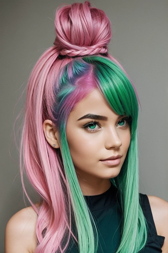 Girl are pink and green hair 
