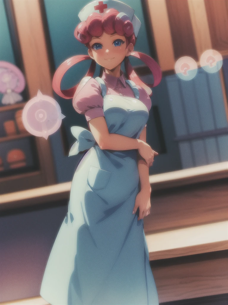 (masterpiece, best quality:1.2), nurse joy, pokemon, blue eyes, closed mouth, long hair, pink hair, short sleeves, nurse, blush, holding, puffy short sleeves, large breasts, puffy sleeves, nurse cap, 1girl, looking at viewer, smile, solo, hat, dress, apron, hair rings, clipboard