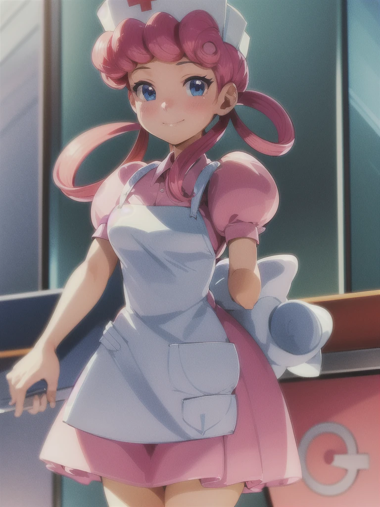 (masterpiece, best quality:1.2), nurse joy, pokemon, blue eyes, closed mouth, long hair, pink hair, short sleeves, nurse, blush, holding, puffy short sleeves, large breasts, puffy sleeves, nurse cap, 1girl, looking at viewer, smile, solo, hat, dress, apron, hair rings, clipboard