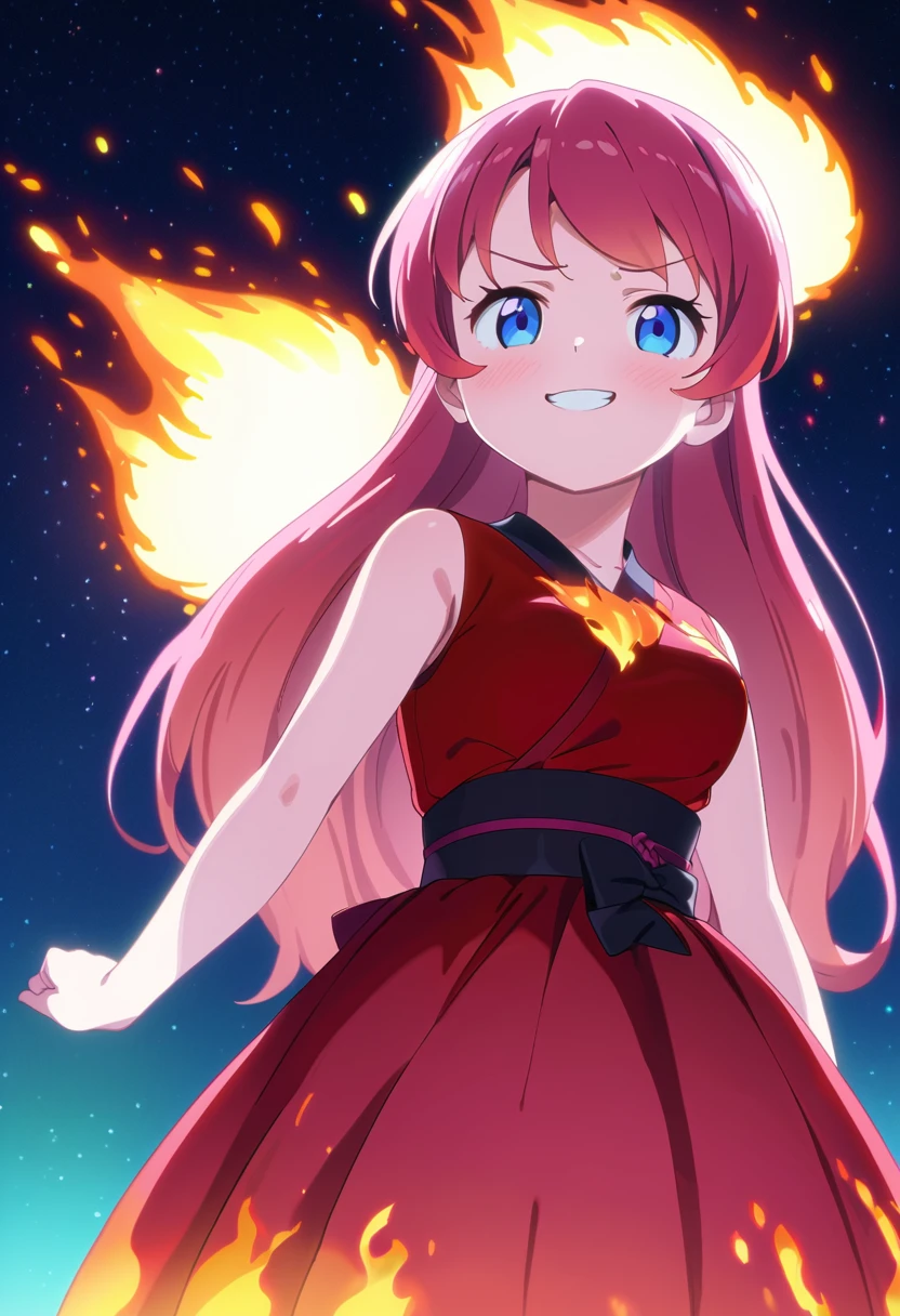 Fire fairy girl、Feathers of Fire、A red dress with a burning hem、Transparencyのある赤色の髪、Transparency、smug face、tooth、Particles that glow throughout、Night sky in the background、Japan anime style、Highest quality、masterpiece、8k