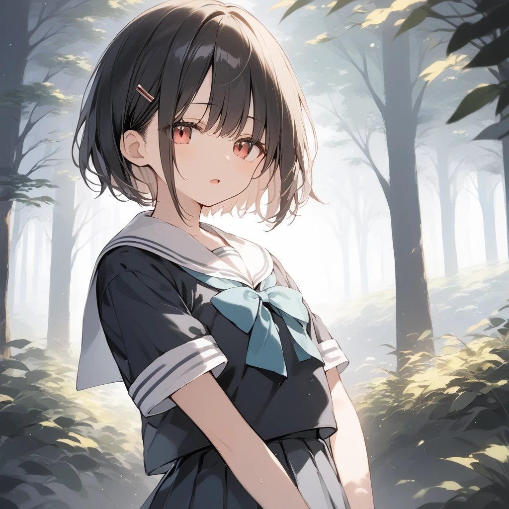 score_9, score_8_up, score_7_up, source_anime, best quality, masterpiece, official art, absurdres, highres, ultra-detailed,waifu2x,Collection: Slice of Life,break,1girl, short hair, slender, androgynous, expressionless, small breasts, beautiful detailed eyes, school_uniform, sailor collar, serahuku, bow, pleated skirt,, sweat, open mouth, sleepily, outdoors, forest, spring,break,(clear line illustration:1.2), super detailed skin,very high resolution, very aesthetic, Best sexual lighting powered by famous artist, 8k,cute picture,beauty illustration,photoshop_(medium),,(Detailed Lighting),best anime 8k konachan wallpaper, pixiv contest winner, 