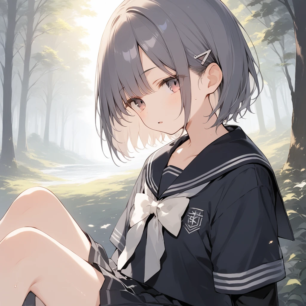 score_9, score_8_up, score_7_up, source_anime, best quality, masterpiece, official art, absurdres, highres, ultra-detailed,waifu2x,Collection: Slice of Life,break,1girl, short hair, slender, androgynous, expressionless, small breasts, beautiful detailed eyes, school_uniform, sailor collar, serahuku, bow, pleated skirt,, sweat, open mouth, sleepily, outdoors, forest, spring,break,(clear line illustration:1.2), super detailed skin,very high resolution, very aesthetic, Best sexual lighting powered by famous artist, 8k,cute picture,beauty illustration,photoshop_(medium),,(Detailed Lighting),best anime 8k konachan wallpaper, pixiv contest winner, 