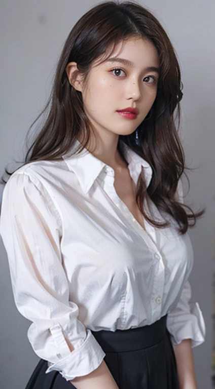Gray background、pubic hair、Large Breasts、Thighs、Red lipstick、(((Glaring)))、Curly Hair、Disheveled Hair、Cute woman、high school girl、White shirt、Navy frill mile、Open chest shirt