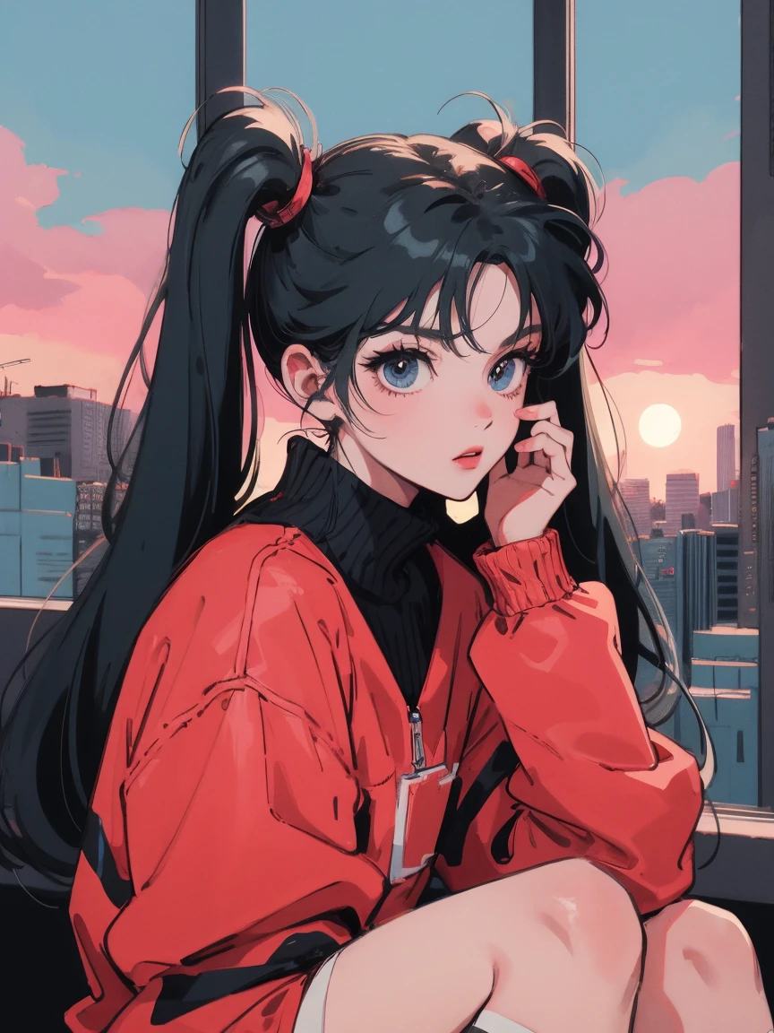 anime girl sitting on floor looking out window at city, anime aesthetic, anime vibes, Lofi Artstyle, Lo-fi portrait. anime, Lofty Girl, anime art wallpaper 4 k, anime art wallpaper 4k, anime art wallpaper 8 k, anime background art, Lofi Color, Lofi Art, anime asthetic, Twin tails, City of night, Tokyo