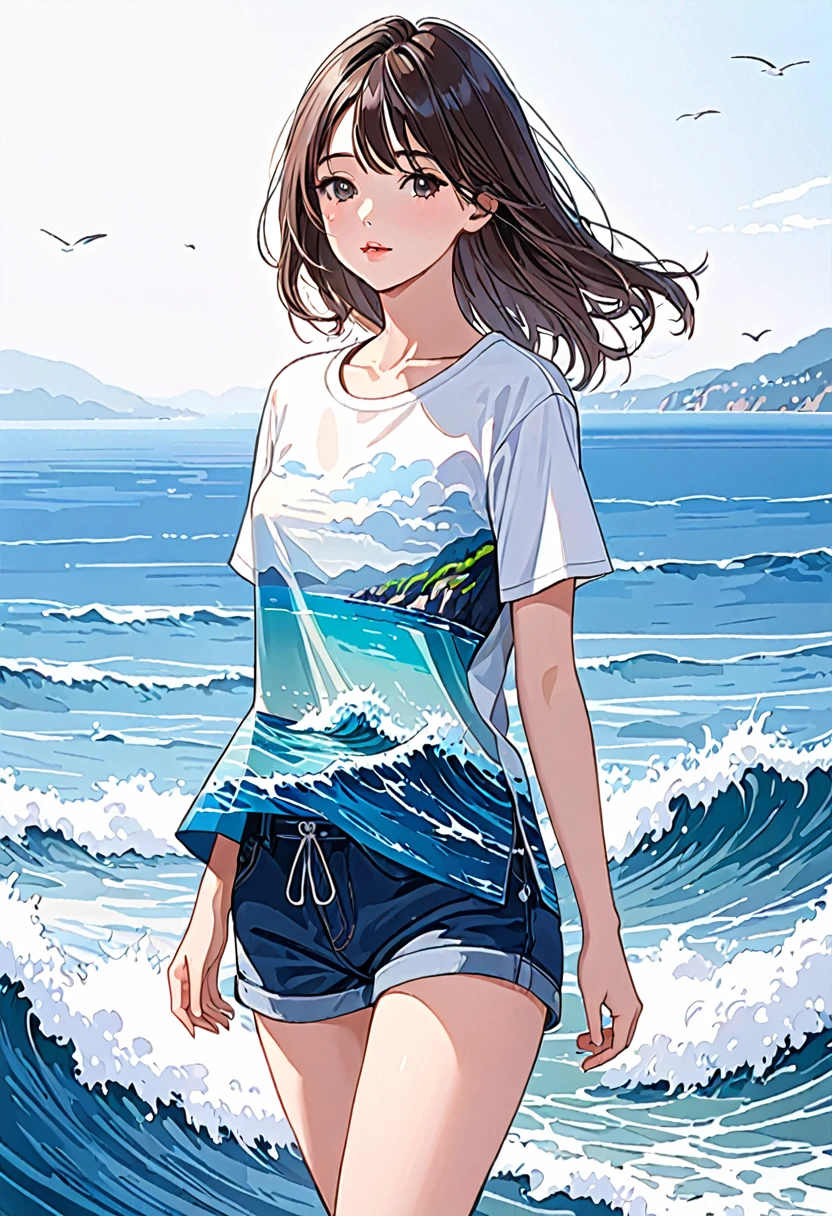 (Short-sleeved),(Fashionable),(Model),(Woman),(In her 20s),(Sea),(best quality:1.2),(master piece:1.2),(8k),(16k:1.2),(Illustration),(Best Quality:1.2),(Ultra-detailed:1.2),(top-quality:1.2),(​masterpiece:1.2)