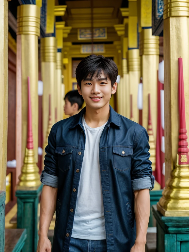 独奏: 1.5, (As a matter of fact, Masterpiece, 8k HD, good light quality, sportswear, fit the face, complicated details), A handsome Korean young man with muscular arms. , 20 years old, be happy, smile brightly, detailed face, delicate eyes, look at the sky, Wear a navy tight T-shirt.:1.6 ,Wear a denim coat., jeans period, black eyes, Black hair color, ผมsmooth, smooth，Surreal，Awesome details，Highest quality，real，Open your mouth to talk. , Close your eyes., (Standing in a Thai temple, a Burmese temple:1.5)