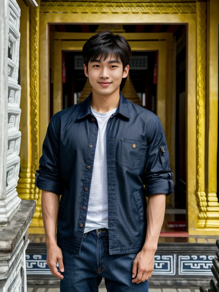 独奏: 1.5, (As a matter of fact, Masterpiece, 8k HD, good light quality, sportswear, fit the face, complicated details), A handsome Korean young man with muscular arms. , 20 years old, be happy, smile brightly, detailed face, delicate eyes, look at the sky, Wear a navy tight T-shirt.:1.6 ,Wear a denim coat., jeans period, black eyes, Black hair color, ผมsmooth, smooth,Surreal,Awesome details,Highest quality,real,Open your mouth to talk. , Close your eyes., (Standing in a Thai temple, a Burmese temple:1.5)