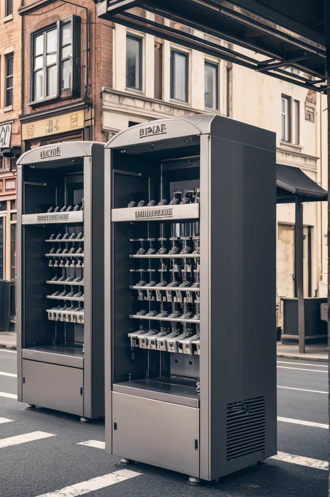 A punch machine, 4k resolution, grey road and small building background, front horizontal view, day time