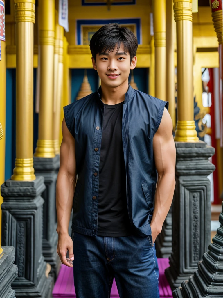 独奏: 1.5, (As a matter of fact, Masterpiece, 8k HD, good light quality, sportswear, fit the face, complicated details), A handsome Korean young man with muscular arms. , 20 years old, be happy, smile brightly, detailed face, delicate eyes, look at the sky, Wear a navy tight T-shirt.:1.6 ,Wear a denim coat., jeans period, black eyes, Black hair color, ผมsmooth, smooth，Surreal，Awesome details，Highest quality，real，Open your mouth to talk. , Close your eyes., (Standing in a Thai temple, a Burmese temple:1.5)