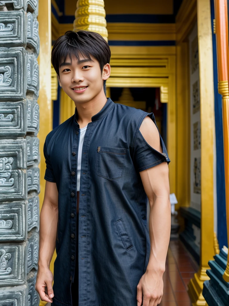 独奏: 1.5, (As a matter of fact, Masterpiece, 8k HD, good light quality, sportswear, fit the face, complicated details), A handsome Korean young man with muscular arms. , 20 years old, be happy, smile brightly, detailed face, delicate eyes, look at the sky, Wear a navy tight T-shirt.:1.6 ,Wear a denim coat., jeans period, black eyes, Black hair color, ผมsmooth, smooth,Surreal,Awesome details,Highest quality,real,Open your mouth to talk. , Close your eyes., (Standing in a Thai temple, a Burmese temple:1.5)