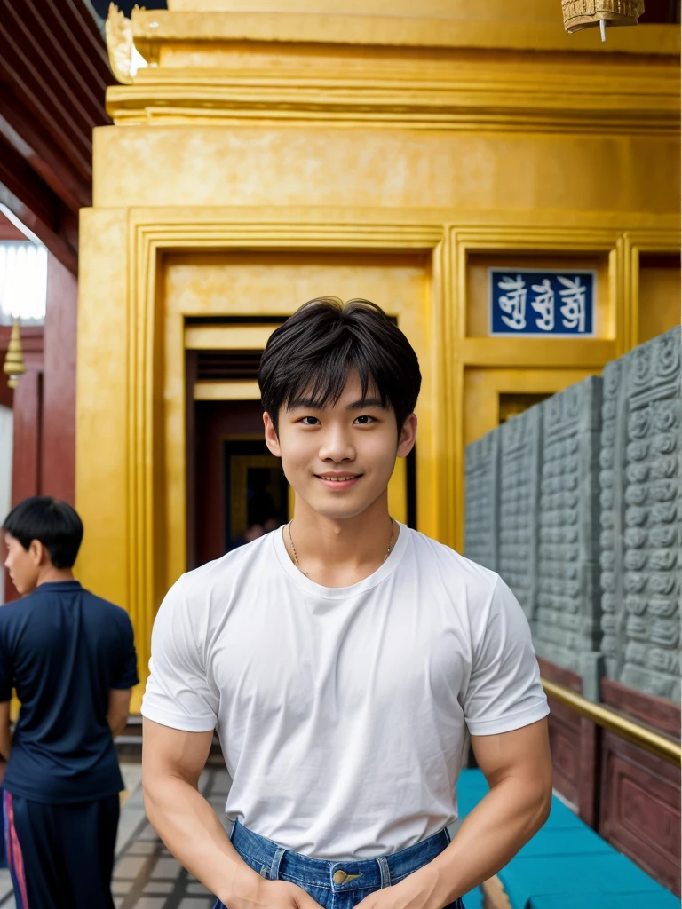 独奏: 1.5, (As a matter of fact, Masterpiece, 8k HD, good light quality, sportswear, fit the face, complicated details), A handsome Korean young man with muscular arms. , 20 years old, be happy, smile brightly, detailed face, delicate eyes, look at the sky, Wear a navy tight T-shirt.:1.6 ,Wear a denim coat., jeans period, black eyes, Black hair color, ผมsmooth, smooth，Surreal，Awesome details，Highest quality，real，Open your mouth to talk. , Close your eyes., (Standing in a Thai temple, a Burmese temple:1.5)