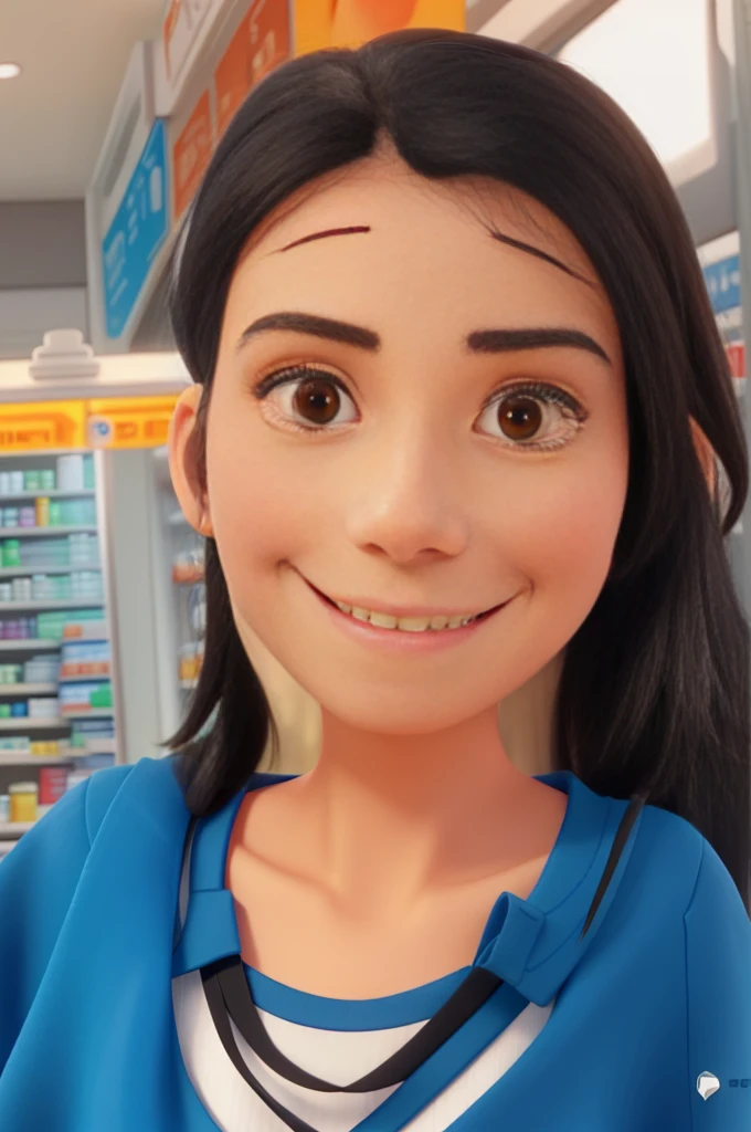 A woman with white skin, elongated face, smiling, straight medium black hair loose, very small black eyes slightly slanted, thin, smiling,
white pharmacy uniform style shirt with a small logo
youthful appearance, orange pants,
8k, pixar style